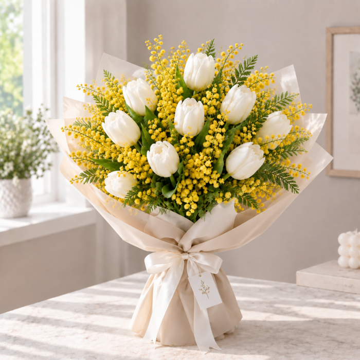 Букет белых тюльпанов и мимозы