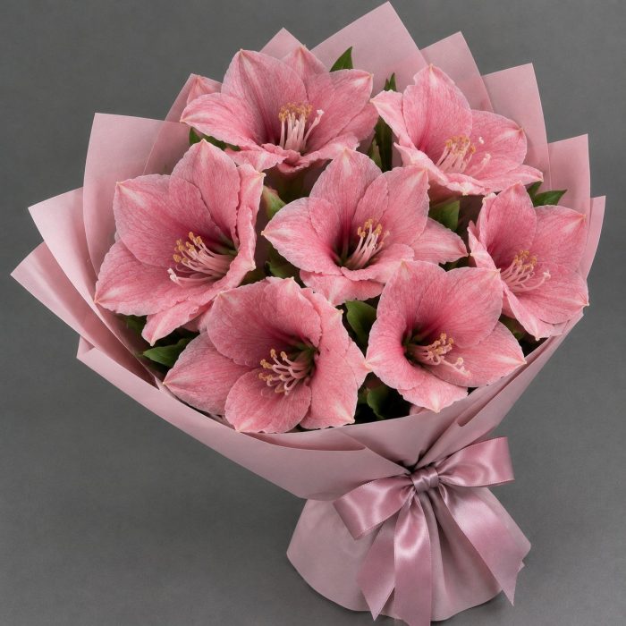 Букет из 7 розовых амариллисов, фото 3