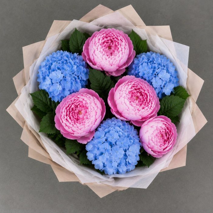 Букет розовых пионов и голубой гортензии, фото 3